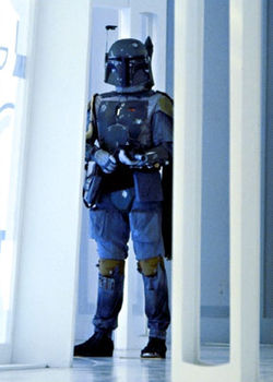 Fett prepares to fire on Luke Skywalker in The Empire Strikes Back.