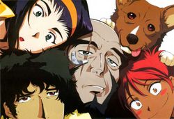The crew of the Bebop. From left to right: Faye Valentine, Spike Spiegel, Jet Black, Ein (the dog) and Ed.