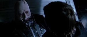 Luke first sees his father's uncovered face, in Return of the Jedi.