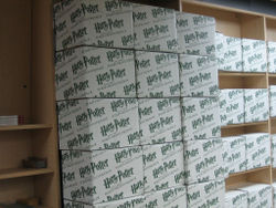 Copies of Harry Potter and the Half-Blood Prince awaiting the stroke of midnight