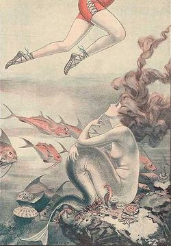 A mermaid looks up at the legs of a swimmer; 1921 cartoon